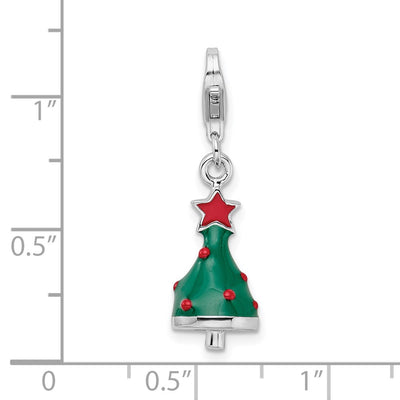 Amore La Vita Sterling Silver Rhodium-plated Polished 3-D Enameled Christmas Tree Charm with Fancy Lobster Clasp