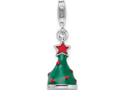 Amore La Vita Sterling Silver Rhodium-plated Polished 3-D Enameled Christmas Tree Charm with Fancy Lobster Clasp