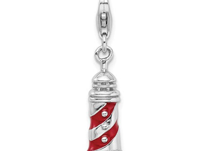 Amore La Vita Sterling Silver Rhodium-plated Polished 3-D Enameled Lighthouse Charm with Fancy Lobster Clasp