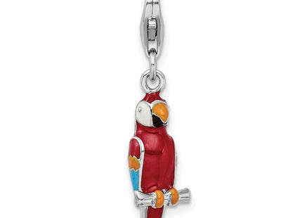 Amore La Vita Sterling Silver Rhodium-plated Polished 3-D Enameled Parrot Charm with Fancy Lobster Clasp