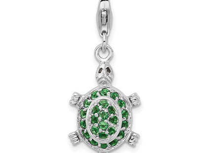 Amore La Vita Sterling Silver Rhodium-plated Polished 3-D CZ Green Turtle Charm with Fancy Lobster Clasp