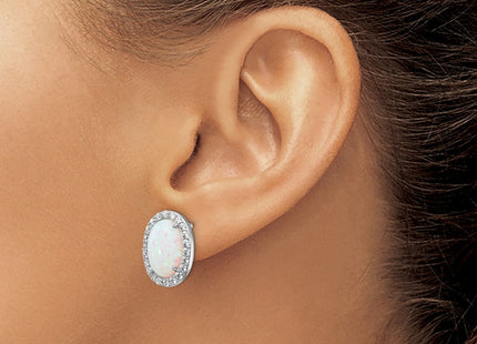 Cheryl M Sterling Silver Rhodium-plated Cabochon Lab Created Opal and Brilliant-cut CZ Oval Halo Post Earrings (Style QCM1000)