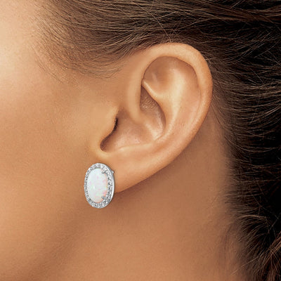 Cheryl M Sterling Silver Rhodium-plated Cabochon Lab Created Opal and Brilliant-cut CZ Oval Halo Post Earrings, 15 x 12mm