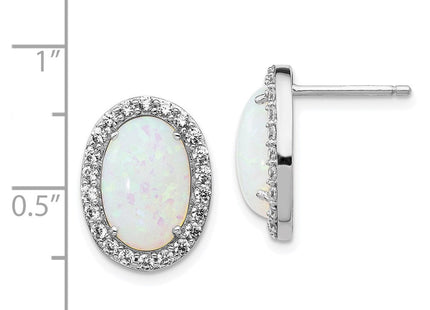 Cheryl M Sterling Silver Rhodium-plated Cabochon Lab Created Opal and Brilliant-cut CZ Oval Halo Post Earrings (Style QCM1000)
