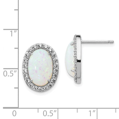 Cheryl M Sterling Silver Rhodium-plated Cabochon Lab Created Opal and Brilliant-cut CZ Oval Halo Post Earrings, 15 x 12mm