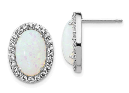 Cheryl M Sterling Silver Rhodium-plated Cabochon Lab Created Opal and Brilliant-cut CZ Oval Halo Post Earrings (Style QCM1000)