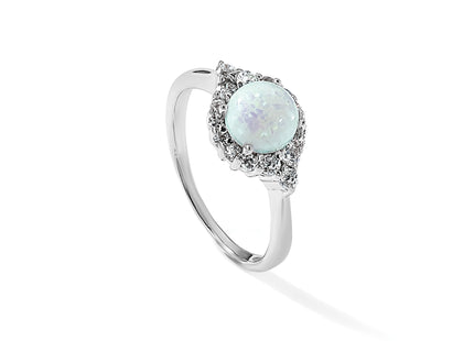 Cheryl M Sterling Silver Rhodium-plated Cabochon Lab Created Opal and Brilliant-cut CZ Ring
