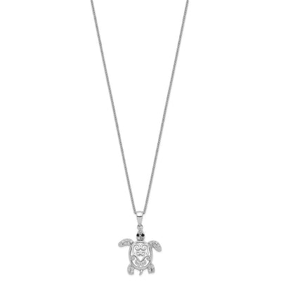 Cheryl M Sterling Silver Rhodium-plated Brilliant-cut Black Glass and Brilliant-cut White CZ Filigree Turtle Necklace