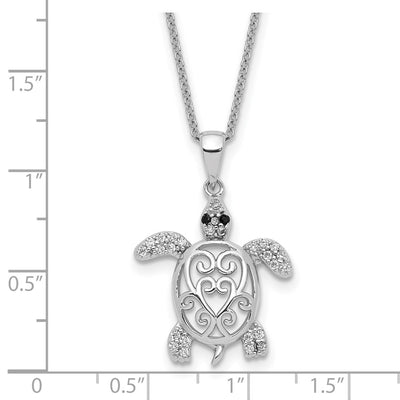 Cheryl M Sterling Silver Rhodium-plated Brilliant-cut Black Glass and Brilliant-cut White CZ Filigree Turtle Necklace