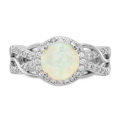 Cheryl M Sterling Silver Rhodium-plated Cabochon Lab Created Opal and Brilliant-cut CZ Woven Pattern Ring