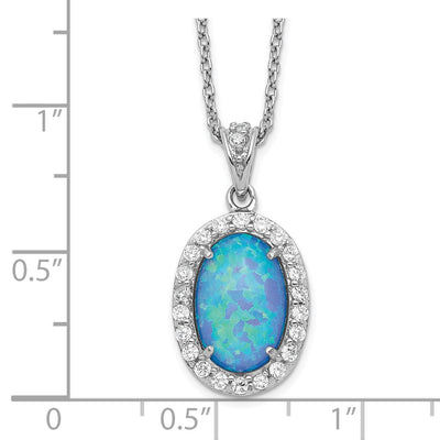 Cheryl M Sterling Silver Rhodium-plated Cabochon Lab Created Blue Opal and Brilliant-cut CZ Oval Necklace, 18.5 x 11.97mm