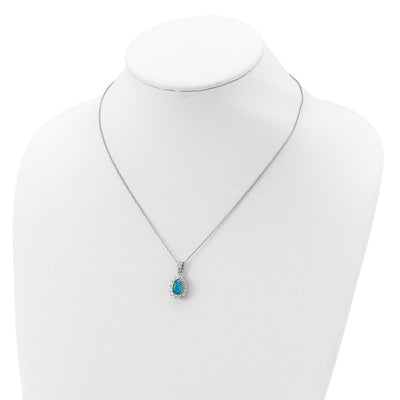 Cheryl M Sterling Silver Rhodium-plated Cabochon Lab Created Blue Opal and Brilliant-cut CZ Pear Necklace