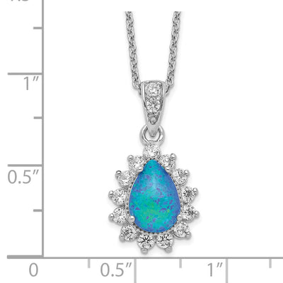 Cheryl M Sterling Silver Rhodium-plated Cabochon Lab Created Blue Opal and Brilliant-cut CZ Pear Necklace