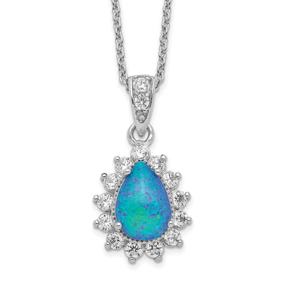 Cheryl M Sterling Silver Rhodium-plated Cabochon Lab Created Blue Opal and Brilliant-cut CZ Pear Necklace