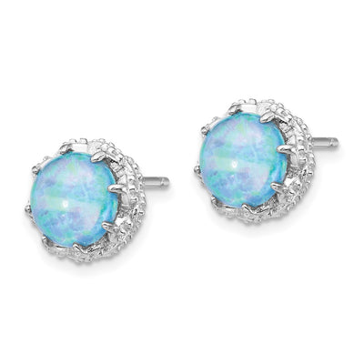 Cheryl M Sterling Silver Rhodium-plated Cabochon Lab Created Blue Opal and Brilliant-cut CZ Post Earrings, 10.21 x 10.37mm