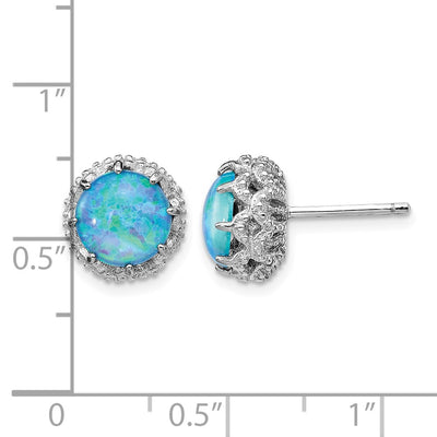 Cheryl M Sterling Silver Rhodium-plated Cabochon Lab Created Blue Opal and Brilliant-cut CZ Post Earrings, 10.21 x 10.37mm