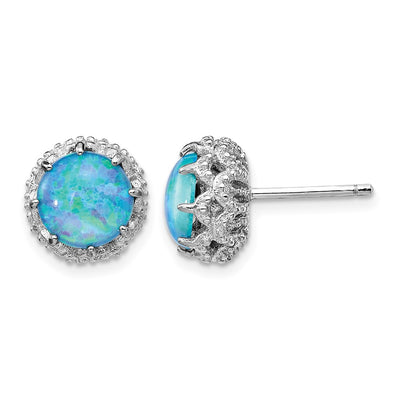Cheryl M Sterling Silver Rhodium-plated Cabochon Lab Created Blue Opal and Brilliant-cut CZ Post Earrings, 10.21 x 10.37mm