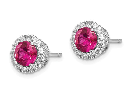 Cheryl M Sterling Silver Rhodium-plated Brilliant-cut Lab Created Ruby and Brilliant-cut White CZ Round Halo Post Earrings (Style QCM1393)