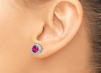 Cheryl M Sterling Silver Rhodium-plated Brilliant-cut Lab Created Ruby and Brilliant-cut White CZ Round Halo Post Earrings (Style QCM1393)