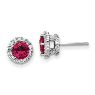 Cheryl M Sterling Silver Rhodium-plated Brilliant-cut Lab Created Ruby and Brilliant-cut White CZ Round Halo Post Earrings (Style QCM1393)