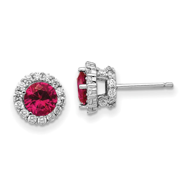 Cheryl M Sterling Silver Rhodium-plated Brilliant-cut Lab Created Ruby and Brilliant-cut White CZ Round Halo Post Earrings, 9.6 x 9.6mm