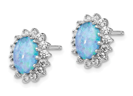 Cheryl M Sterling Silver Rhodium-plated Cabochon Lab Created Blue Opal and Brilliant-cut CZ Post Earrings (Style QCM1396)