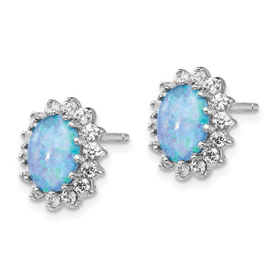 Cheryl M Sterling Silver Rhodium-plated Cabochon Lab Created Blue Opal and Brilliant-cut CZ Post Earrings, 12.1 x 10.16mm