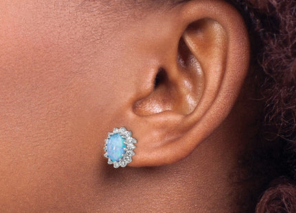 Cheryl M Sterling Silver Rhodium-plated Cabochon Lab Created Blue Opal and Brilliant-cut CZ Post Earrings (Style QCM1396)