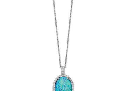 Cheryl M Sterling Silver Rhodium-plated Cabochon Lab Created Blue Opal and Brilliant-cut CZ Oval 18. Necklace (Style QCM1399-18.5)