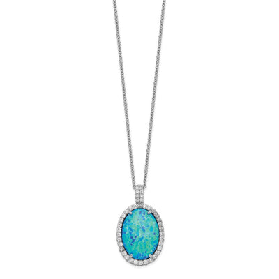 Cheryl M Sterling Silver Rhodium-plated Cabochon Lab Created Blue Opal and Brilliant-cut CZ Oval Necklace, 18.5 x 16.7mm