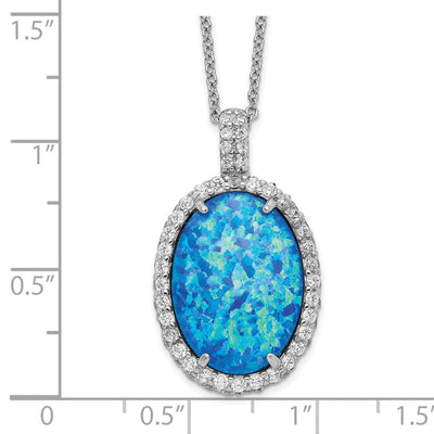 Cheryl M Sterling Silver Rhodium-plated Cabochon Lab Created Blue Opal and Brilliant-cut CZ Oval Necklace, 18.5 x 16.7mm