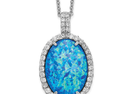 Cheryl M Sterling Silver Rhodium-plated Cabochon Lab Created Blue Opal and Brilliant-cut CZ Oval 18. Necklace (Style QCM1399-18.5)