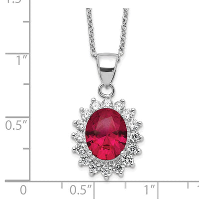 Cheryl M Sterling Silver Rhodium-plated Brilliant-cut Lab Created Ruby and Brilliant-cut White CZ Oval Halo Necklace, 18.25 x 14.3mm