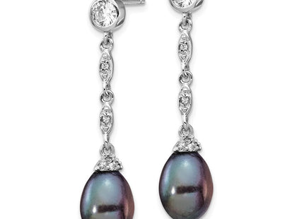 Cheryl M Sterling Silver Rhodium-plated Black Teardrop Freshwater Cultured Pearl and Brilliant-cut CZ Post Dangle Earrings (Style QCM1413)