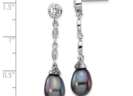 Cheryl M Sterling Silver Rhodium-plated Black Teardrop Freshwater Cultured Pearl and Brilliant-cut CZ Post Dangle Earrings (Style QCM1413)