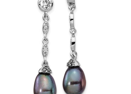 Cheryl M Sterling Silver Rhodium-plated Black Teardrop Freshwater Cultured Pearl and Brilliant-cut CZ Post Dangle Earrings (Style QCM1413)