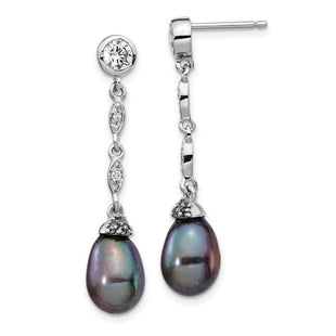 Cheryl M Sterling Silver Rhodium-plated Black Teardrop Freshwater Cultured Pearl and Brilliant-cut CZ Post Dangle Earrings (Style QCM1413)