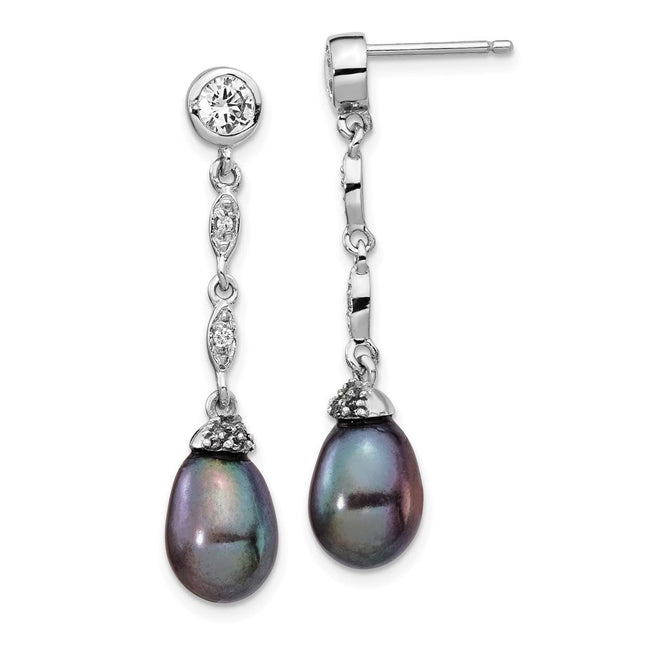 Cheryl M Sterling Silver Rhodium-plated Black Teardrop Freshwater Cultured Pearl and Brilliant-cut CZ Post Dangle Earrings, 36.75 x 7.88mm