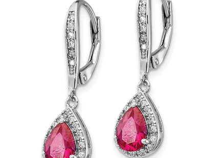 Cheryl M Sterling Silver Rhodium-plated Brilliant-cut Lab Created Ruby and Brilliant-cut White CZ Teardrop Leverback Dangle Earrings (Style QCM1441)