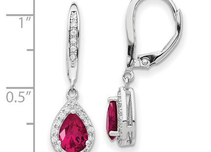 Cheryl M Sterling Silver Rhodium-plated Brilliant-cut Lab Created Ruby and Brilliant-cut White CZ Teardrop Leverback Dangle Earrings (Style QCM1441)