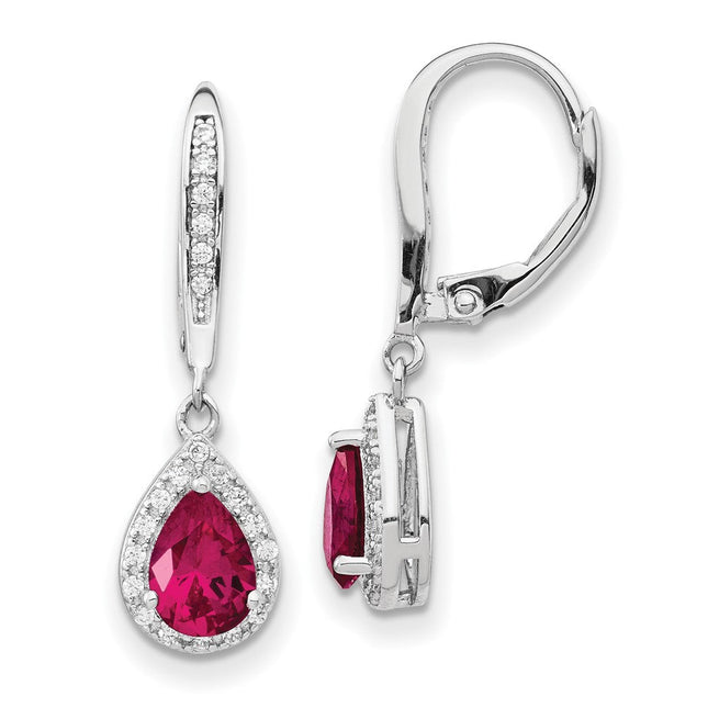 Cheryl M Sterling Silver Rhodium-plated Brilliant-cut Lab Created Ruby and Brilliant-cut White CZ Teardrop Leverback Dangle Earrings, 28 x 7.75mm