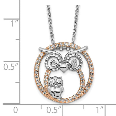 Cheryl M Sterling Silver Rhodium-plated and Rose Gold-plated Brilliant-cut CZ Owls Circle Necklace