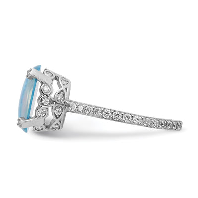 Cheryl M Sterling Silver Rhodium-plated Cabochon Lab Created Blue Opal and Brilliant-cut CZ Oval with Side Stones Ring