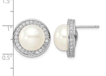 Cheryl M Sterling Silver Rhodium-plated Button Freshwater Cultured Pearl and Brilliant-cut CZ Halo Post Earrings