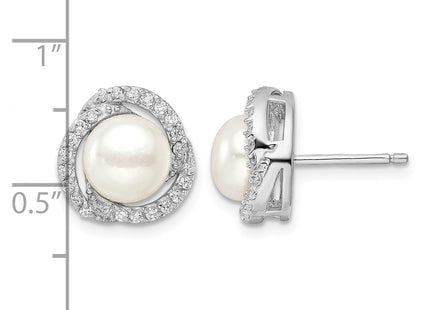 Cheryl M Sterling Silver Rhodium-plated Freshwater Cultured Pearl and Brilliant-cut CZ Love Knot Post Earrings