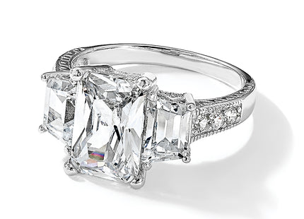 Cheryl M Sterling Silver Rhodium-plated Fancy Emerald-cut and Brilliant-cut CZ 3 Stone Ring