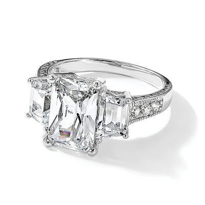 Cheryl M Sterling Silver Rhodium-plated Fancy Emerald-cut and Brilliant-cut CZ 3 Stone Ring
