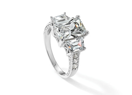 Cheryl M Sterling Silver Rhodium-plated Fancy Emerald-cut and Brilliant-cut CZ 3 Stone Ring