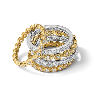 Cheryl M Sterling Silver Rhodium-plated and Gold-plated Brilliant-cut CZ 5 Piece Eternity Band Ring Set