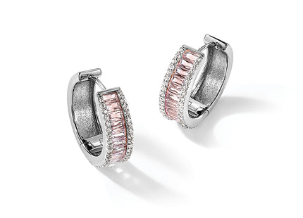 Cheryl M Sterling Silver Rhodium-plated Emerald-cut Pink Nano Crystal and White Brilliant-cut CZ Round Hinged Hoop Earri